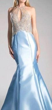 Cinderella DIvine Halter Beaded Long Mermaid Gown Blue with Keyhole Size 6