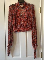 Free People All Dolled Up Red Floral Print Mesh Long Sleeve Crop Top