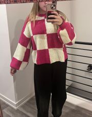 Hot Pink/White Checkered Ballon Sleeve Cropped Sweater