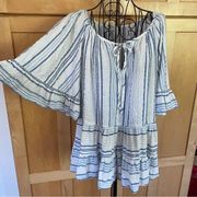 Cato blue and white striped with gold threads boho oversized swing Top size M