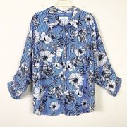 Jones Studio Blue & White Striped Floral Long Sleeve Button Up Blouse Size 2X