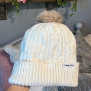 Calvin Klein Cream Winter Cap Womens Faux Fur Puff Ball Beanie