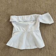 J.O.A White and Blue Striped Strapless Top with Tie in the Back