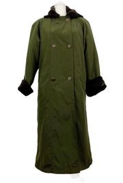 VTG Larry Levine Double Breasted Maxi Long Trench Coat Green Hooded faux Fur M