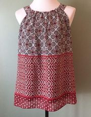 Red sleeveless top multi-patterned dressy tank top