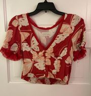 Urban Outfitters Blouse V Neck Crop Top Elastic | Red butterfly