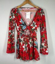 NWT  V-Neck Twist Front Bell Sleeve Cutout Romper Red Floral - Medium