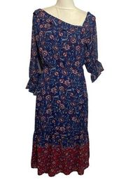 NWT  Blue Red Floral Midi Dress Size Medium Asymmetrical New