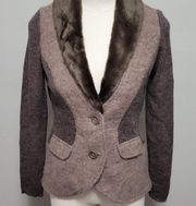 Roz & Ali brown tonal wool faux fur ribbed sleeve blazer size small