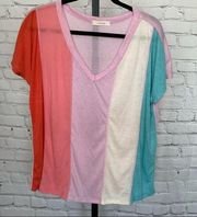 Entro Linen Blend Color Block Rainbow V-Neck Shirt