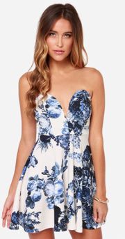 Lulus All Good Things Strapless Blue and Ivory Floral Print Dress Size Small