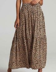 BeachLunchLounge Animal Print Tiered Maxi Skirt Tan XS