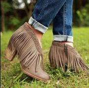 Seychelles World Tour Booties Fringe in Taupe