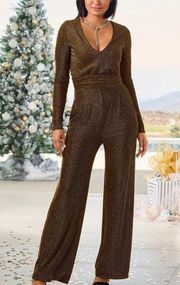 Boston Proper Glitter V-Neck Metallic Jumpsuit in Black Multicolor Size Medium