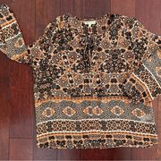 Democracy Women’s Boho Tie Front Tunic Top 3/4 Sleeve Sheer Shirt Blouse Size L