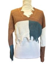 Rue 21 Cropped Color Block Sweater Frayed Edges Size Large Teal Brown Cream