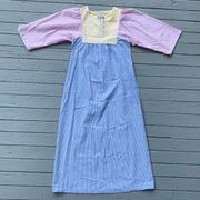 Vintage 50s Pastel Blue/Pink/Yellow Saybury Cottage-Core Zip-Up Front Maxi Dress 3/4 Sleeve Length Spring Colors w/ Pockets