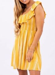 Rip Curl Mustard Yellow Fiesta Stripe Smocked Bodice Ruffle Sleeve Dress