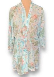 Fantasies By Morgan Taylor Robe Sheer Blue Orange Floral Print Short Kimono