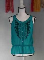 Joe Fresh Green Sleeveless Sheer Embroidered Sheer Top XS