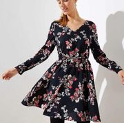 Black Floral Mini A-Line Bar Back Long Sleeve Dress, Size Large