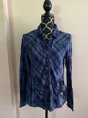 EUC Energie Green and Blue Plaid Button down with design size XL