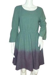 Hyku Fit & Flare Dress Hunter Green Purple Ombre Dip Dye Raw Edges Gauzy Size S