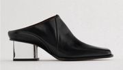 Zara Leather Mule Silver Block Heel Square Toe Clog Slip On Womens 7.5