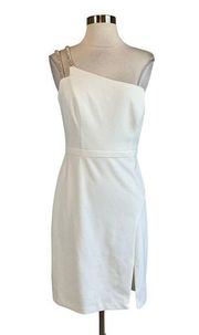 Women's Cocktail Dress by AQUA Size 10 White Crepe One Shoulder Beaded Sheath