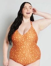 MODCLOTH THE PEGGY ONE PIECE CORAL TANGERINE ORANGE YELLOW PRINT SWIMSUIT S