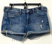 Denim & Tees Blue Denim Cut Off Cuffed Shorts with Frayed Hem Size 6