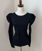 Susana Monaco Revolve Sugar Black Round Neck Gather Sleeve Top Size Small