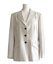 Le Suit Ivory Black Pinstriped Long Sleeve Flap Pockets Blazer Jacket Size 14