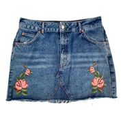 Topshop Floral Print Embroidered Raw Edge Denim Mini Skirt Cotton 10