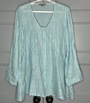 Flax Turquoise Striped Gauzy Button Front Trapeze Lagenlook Top Size Small