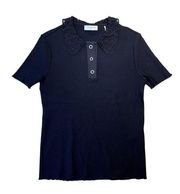 Sandro Paris Ribbed Embellished Lace Collar Knit Short Sleeve Top Tee Size 0