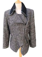 Trina Turk Moto Style Jacket Marled Black Asymetrical Wool Blend Zip Size 14