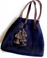 J.Jill Zinnia Jute Leather Tasseled Everyday Market Tote Bag Navy Blue