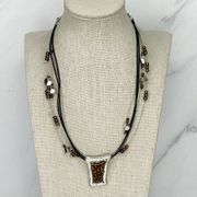 Chico's Black Cord Beaded Animal Print Boho Silver Tone Pendant Necklace