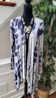 Saint Tropez Tie Dye White &Blue Rayon Long Sleeve Open Front Cardigan Sweater S