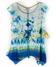 ONE WORLD tunic top lily print NWT Shark bite Hem Tie waist NWT Medium