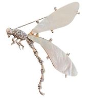 Vintage Oscar de la Renta Silver & Mother of Pearl Rhinestone Dragonfly Brooch