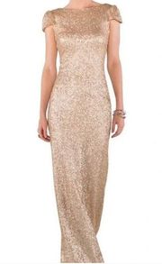 Sorella Vita Cowl Back Sequin Gown Drape Back Gold Cap Sleeve Maxi Dress Sz: 12