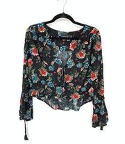 Minkpink Top Women's Sz S Crop Floral Print Blouse Bell Sleeve V-Neck Multicolor
