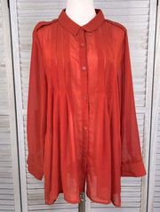 SIMPLY NOELLE Oversized Sheer Pleated Button Down Shirt Rust-L/XL (12-14)