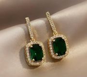 Women's CZ Diamond Green Gemstone Square Emerald Dangle Drop Earrings