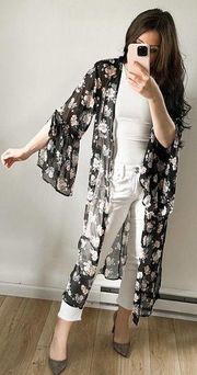 Band Of Gypsies Black Floral Sheer Long Duster Bell sleeve Kimono sz Large