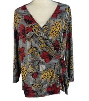 Evan Picone Black Label Large Top Floral Stretch Surplice V-Neck 3/4 Sleeve