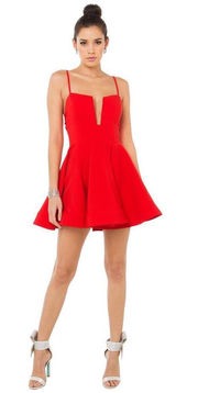 Red plunge neck skater dress