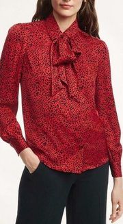 Brooks Brothers Satin Printed Bow Blouse Red Black Animal Print Size 10